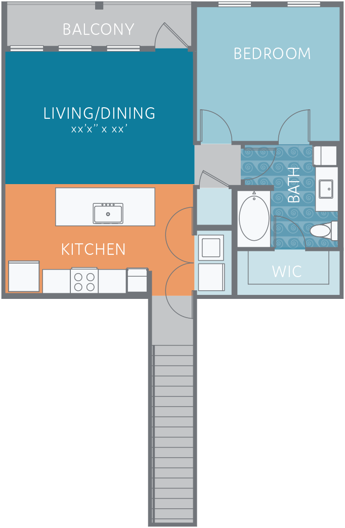 Floor plan for 1 bed, 1 bath, 879 sqft
